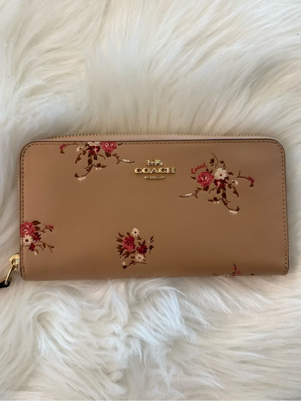 Coach Accordion Zip Wallet Nostalgic Bundle Floral Motif Leather Beechwood Gold